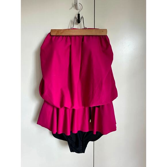 Vintage 80s Strapless One Piece Swimsuit Pink Size 16 Flattering Ruffle skirt - Picture 1 of 9